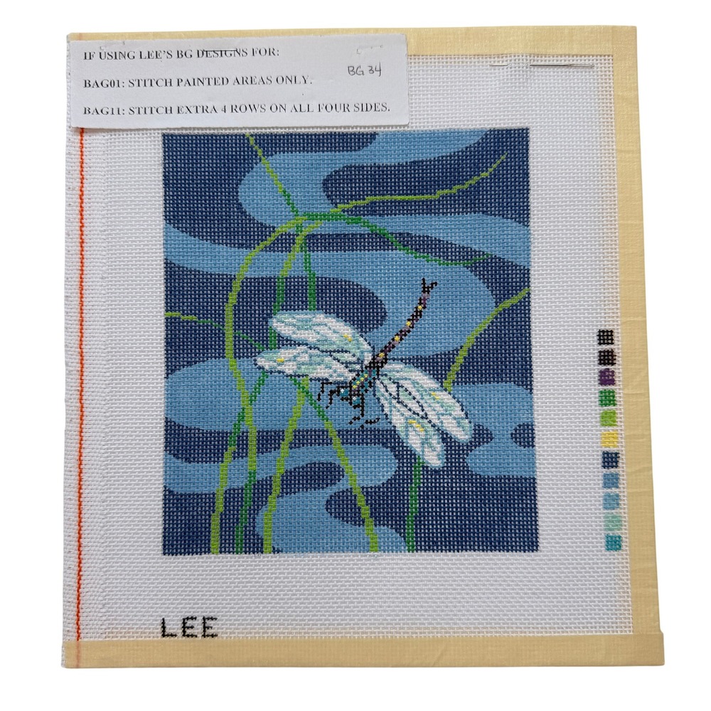 Lee Needlepoint Canvas Dragonfly Hand Painted Blue BG 34 9x8.25 Nature Design - Picture 2 of 4